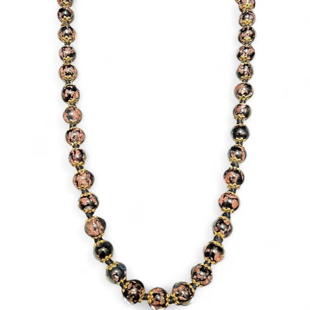 Murano Glass Beaded Necklace Black Copper Gold - Picture 4 of 6